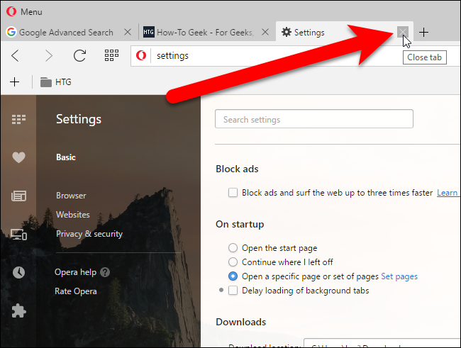 Закрытие вкладки Settings в Opera