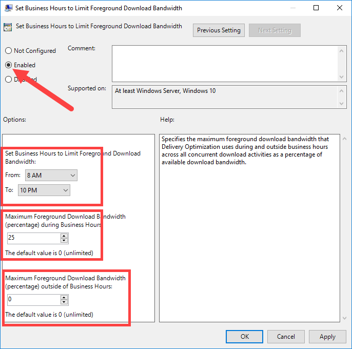 Окно политики: ограничение передних загрузок с полями времени и процентов