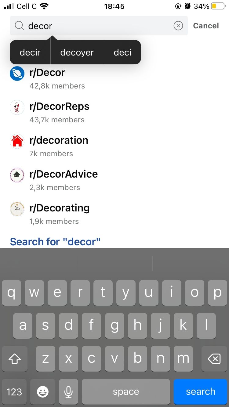 поиск декора в приложении Reddit