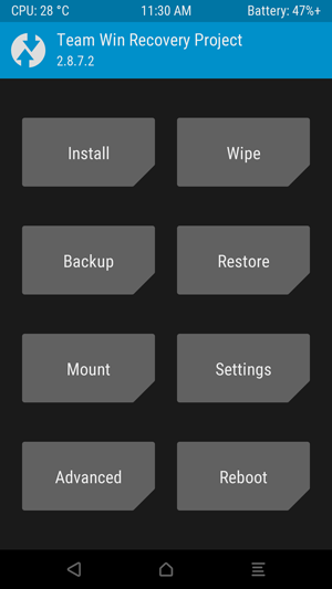 Главный экран TWRP после ввода пароля