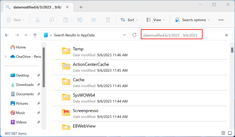 Поиск диапазона дат в Windows 11.