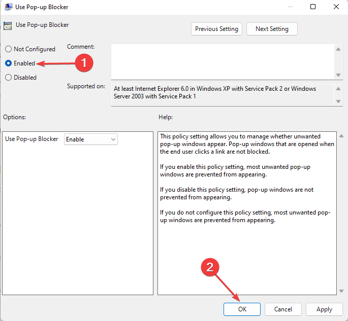 Включение опции Use Pop-Up в GPO