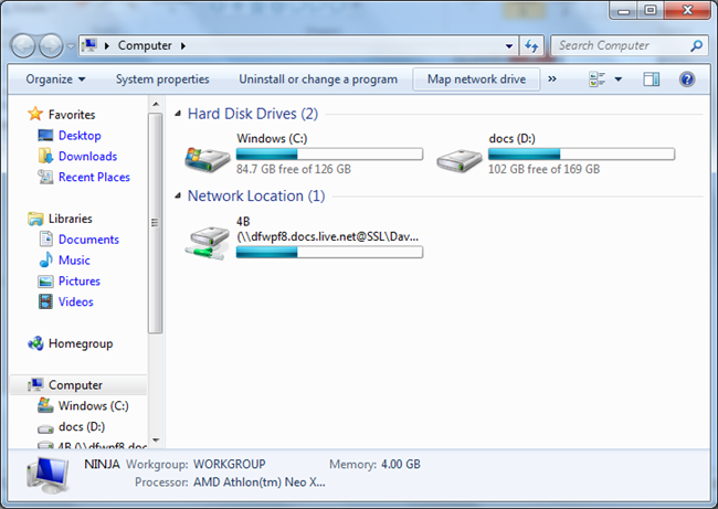 Монтированный сетевой диск SkyDrive отображается в окне Компьютер