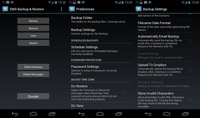 SMS Backup & Restore 앱 인터페이스