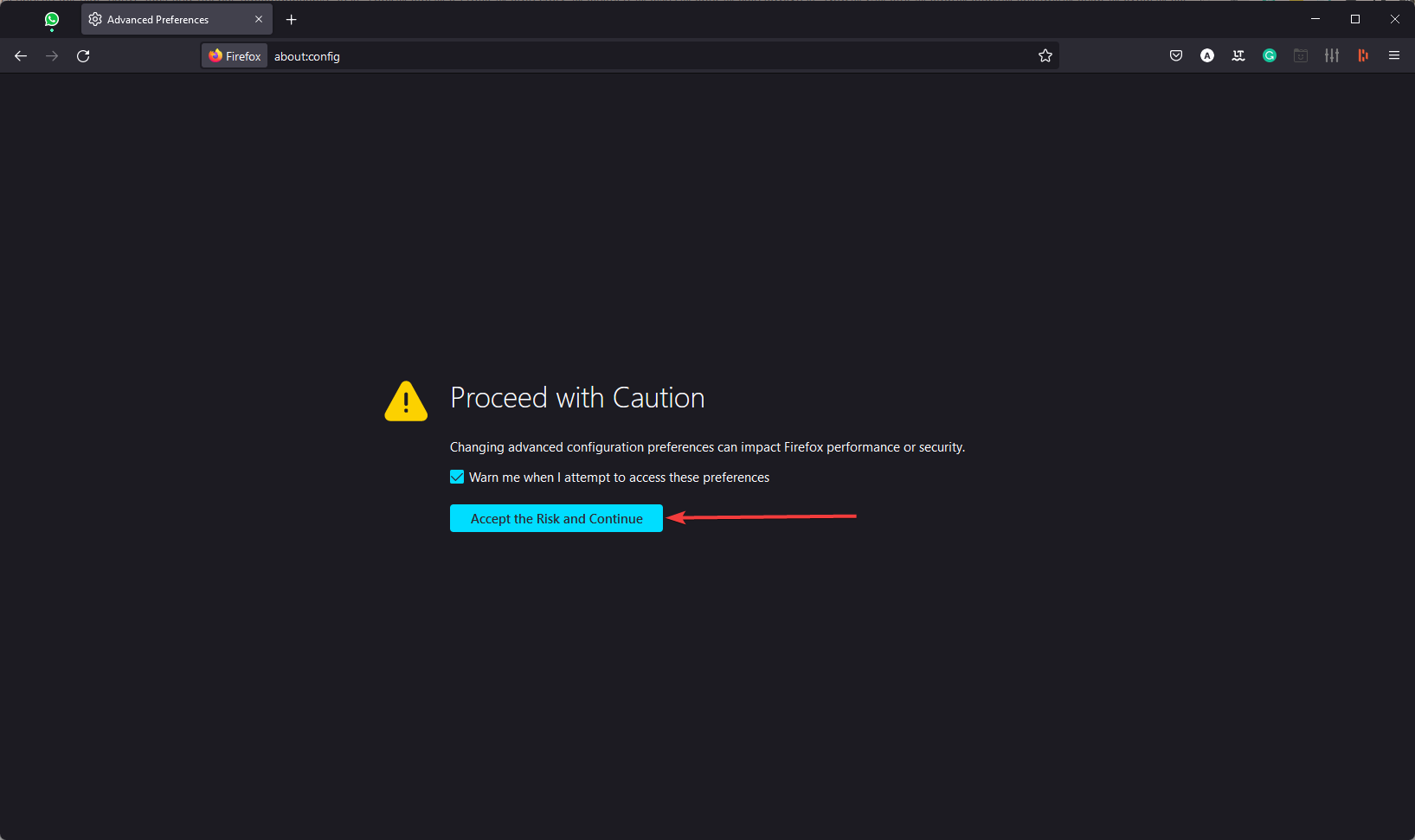 Предупреждение about config в Firefox