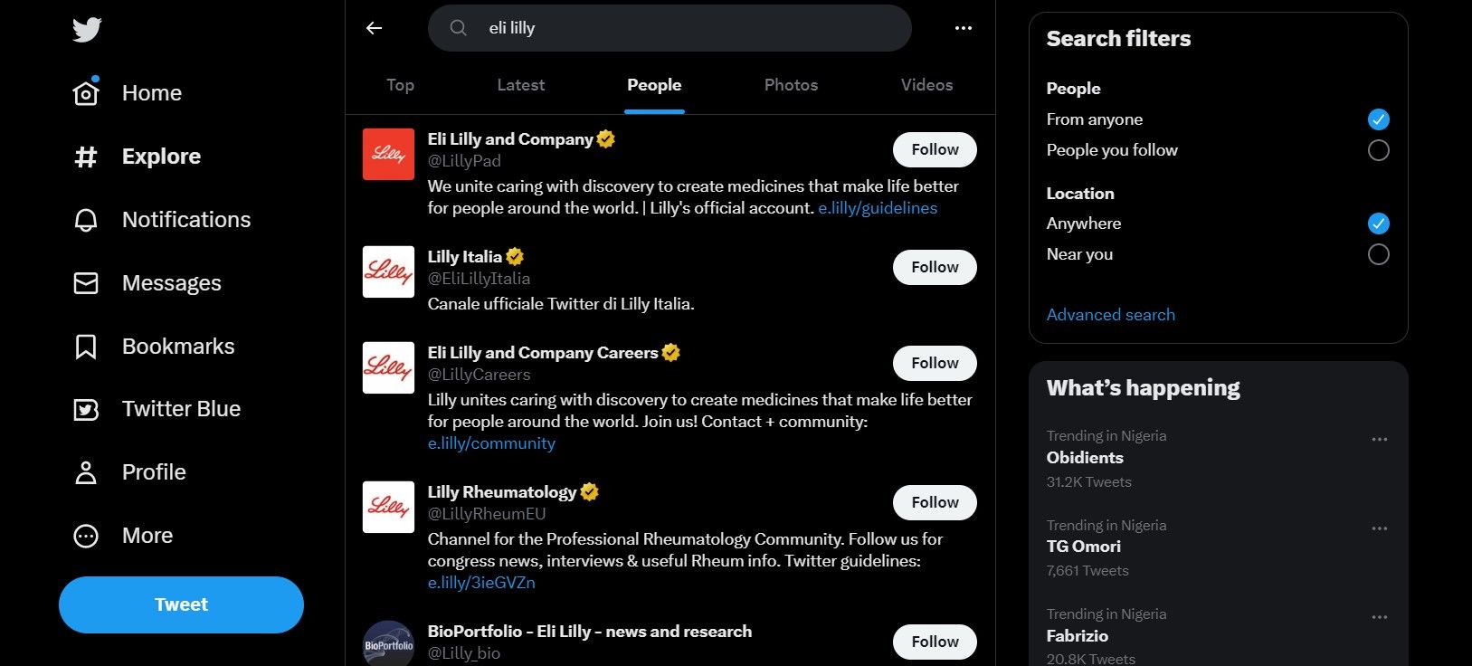 Скриншот профиля Twitter с результатами поиска