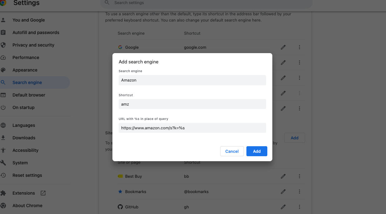 Окно настроек Chrome с заполненным полем URL