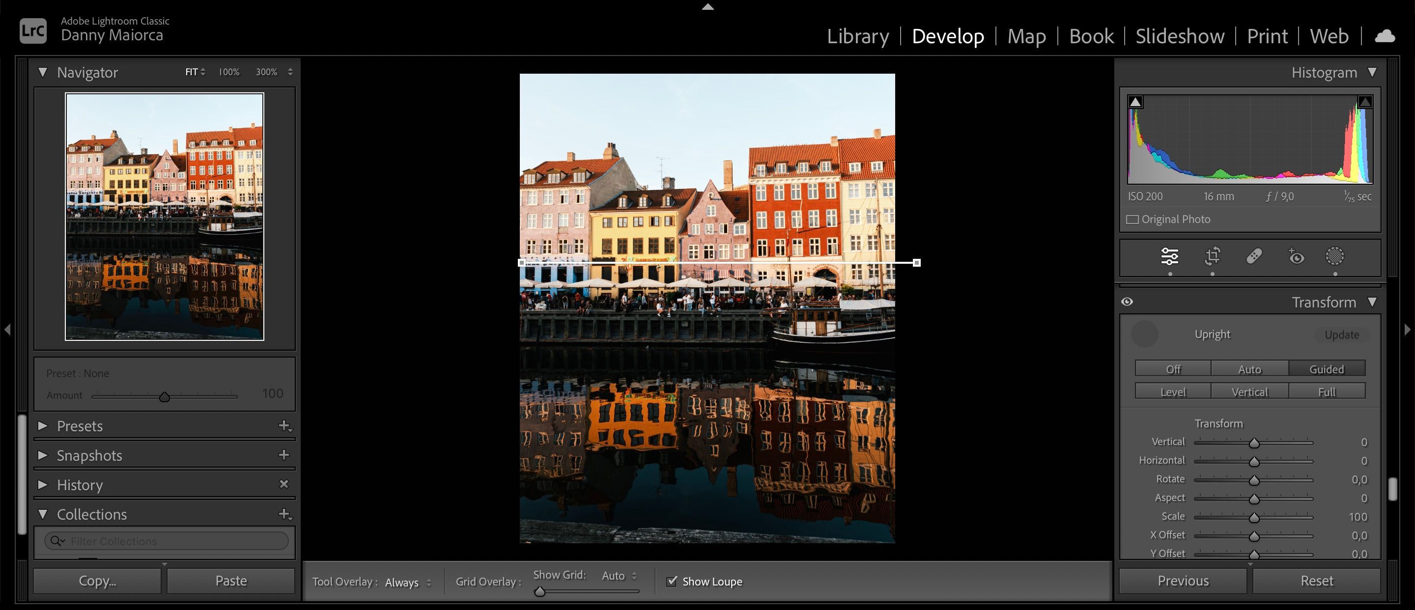 Рисование направляющих Upright в Lightroom для выравнивания горизонта и вертикалей
