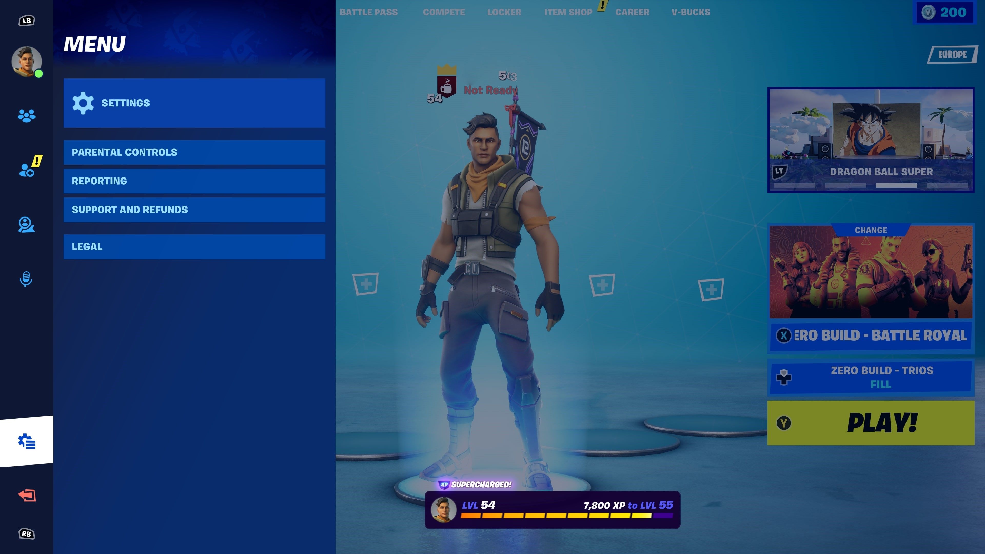 Меню главного экрана Fortnite с параметрами