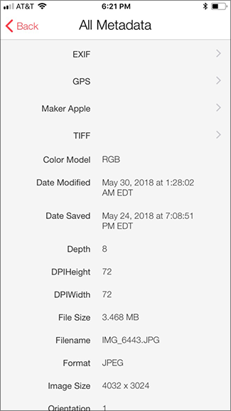 Полный список метаданных фотографии в приложении