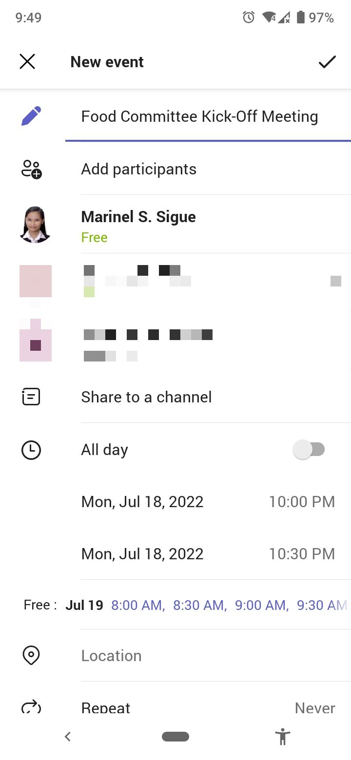 Детали встречи в мобильном приложении Microsoft Teams, экран с полями для описания