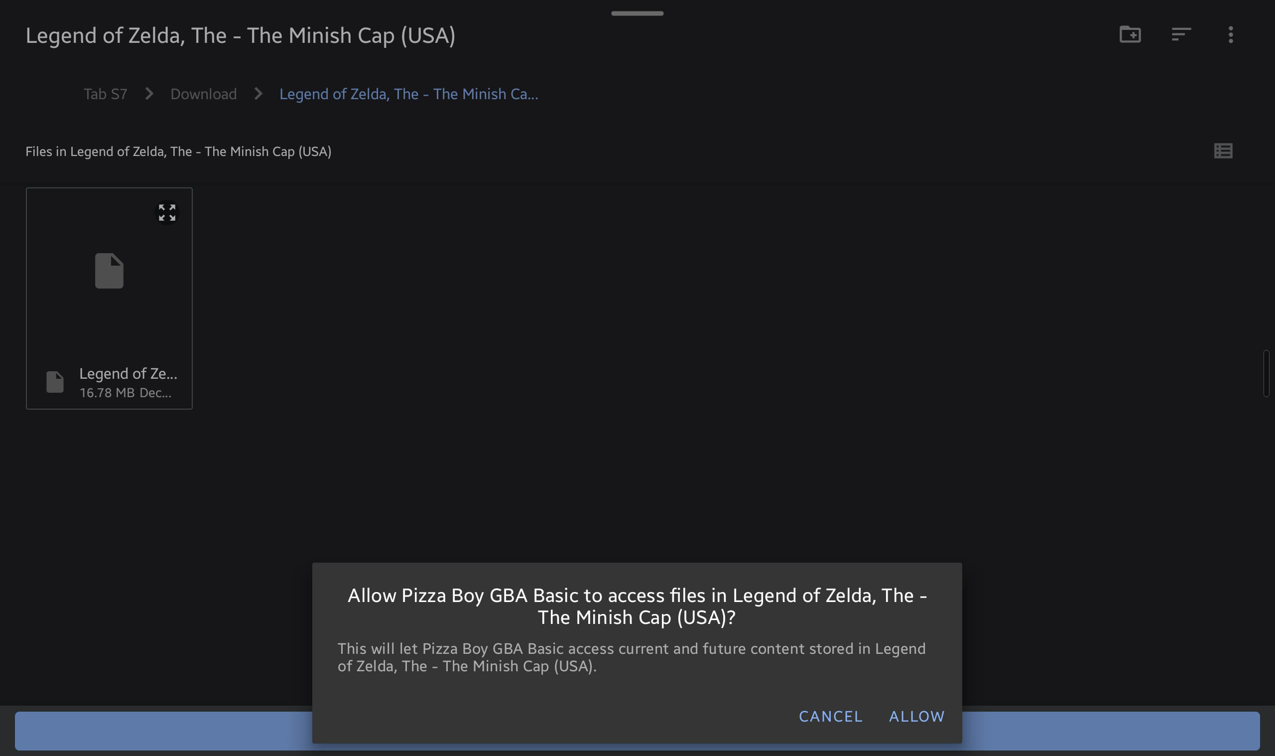 Загрузка ROM в Pizza Boy: добавление папки с играми.