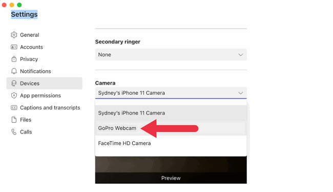 GoPro в Microsoft Teams для macOS