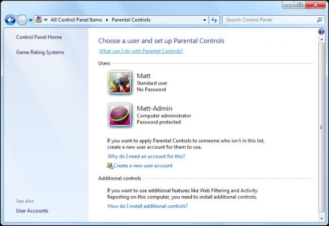 Изображение: список учётных записей в окне родительского контроля Windows 7