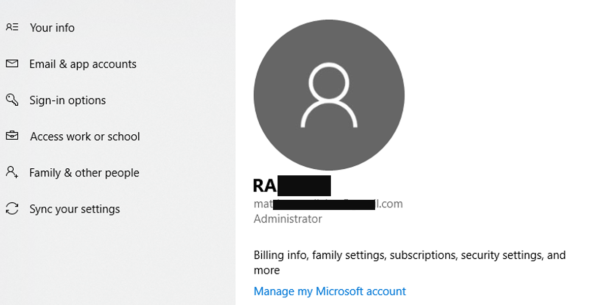 Окно учётной записи Windows 10