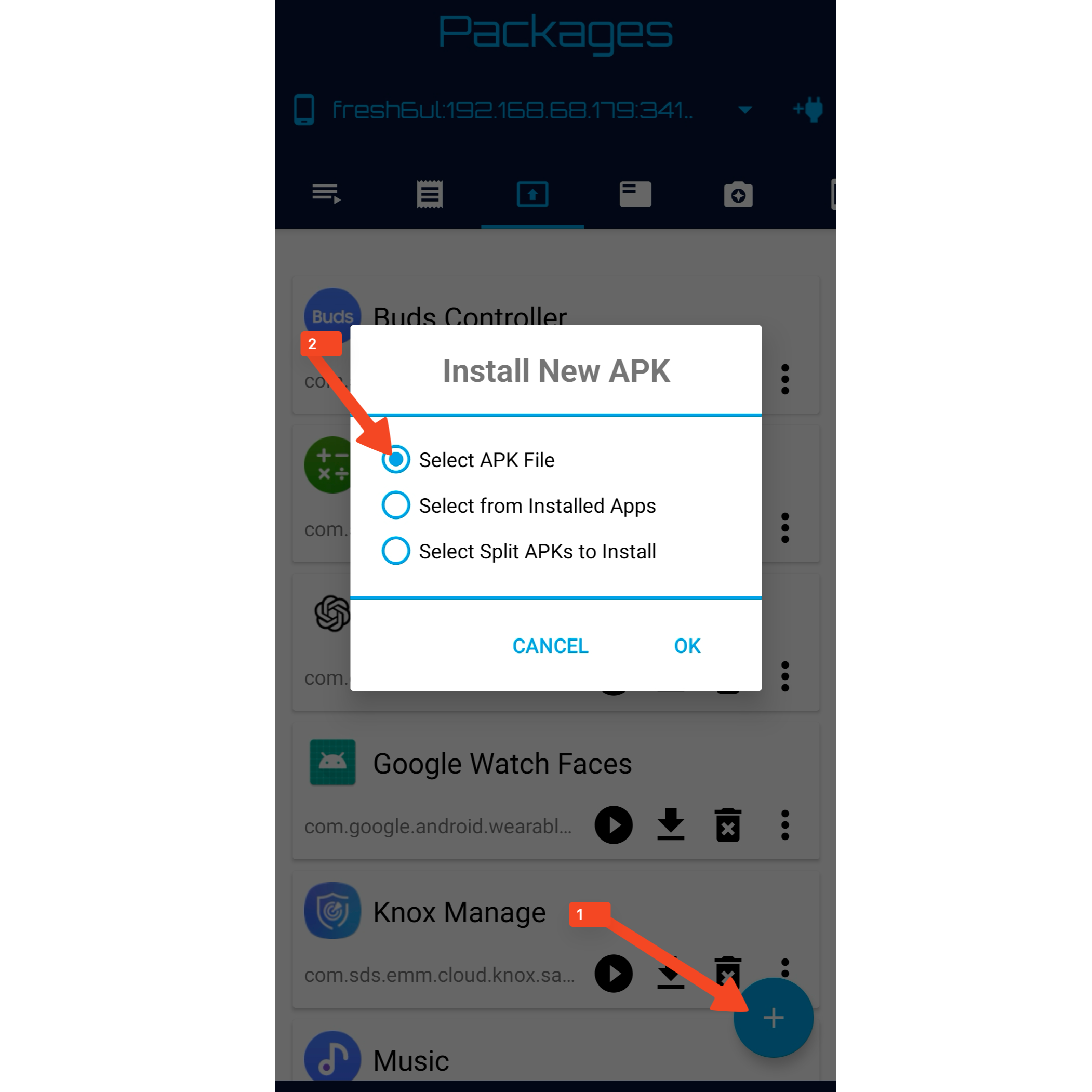 Вкладка 'Packages' в Bugjaeger с кнопкой '+' для установки APK