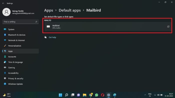 Выбор протокола mailto для приложения
