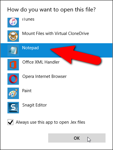 Список приложений: выбор Блокнота для .lex