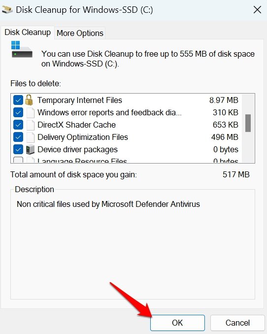 Выбор удаляемых файлов в очистке диска Windows 11