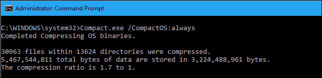 Скриншот процесса освобождения места после включения CompactOS