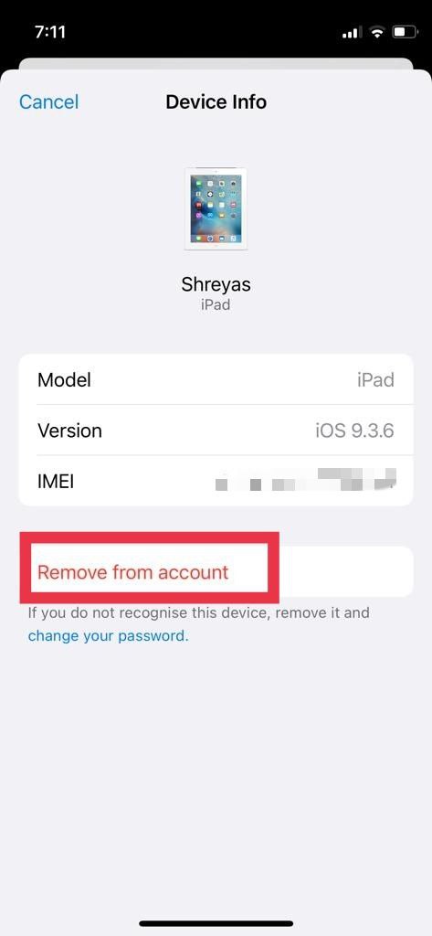 iPhoneでデバイスをアカウントから削除する操作のスクリーンショット