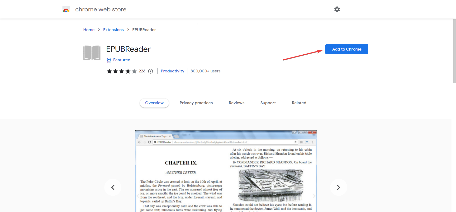 Кнопка Добавить в Chrome для расширения EPUBReader