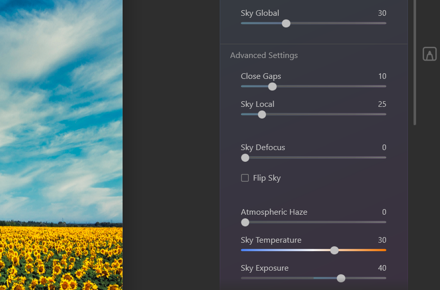 Настройки температуры и экспозиции неба — скриншот