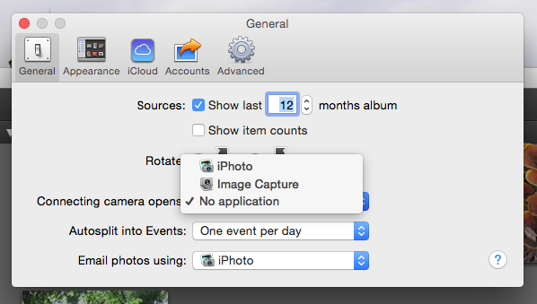 Настройки iPhoto — отключение автоматического открытия при подключении камеры