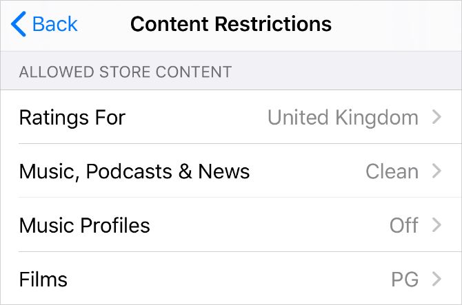 Ограничения контента: выбор возрастного рейтинга