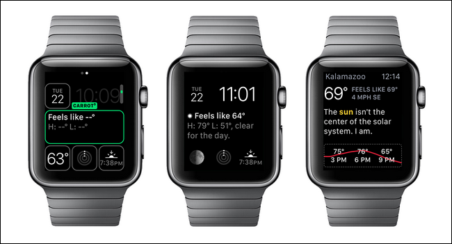 Выбор компликации Carrot Weather и переход в приложение с часов