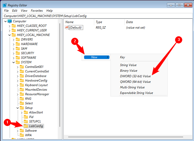 Создайте два новых DWORD: один с именем BypassTPMCheck, другой BypassSecureBootCheck.