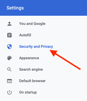 Выберите в боковой панели раздел «Безопасность и конфиденциальность»