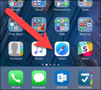 Нажатие иконки Safari на домашнем экране iOS