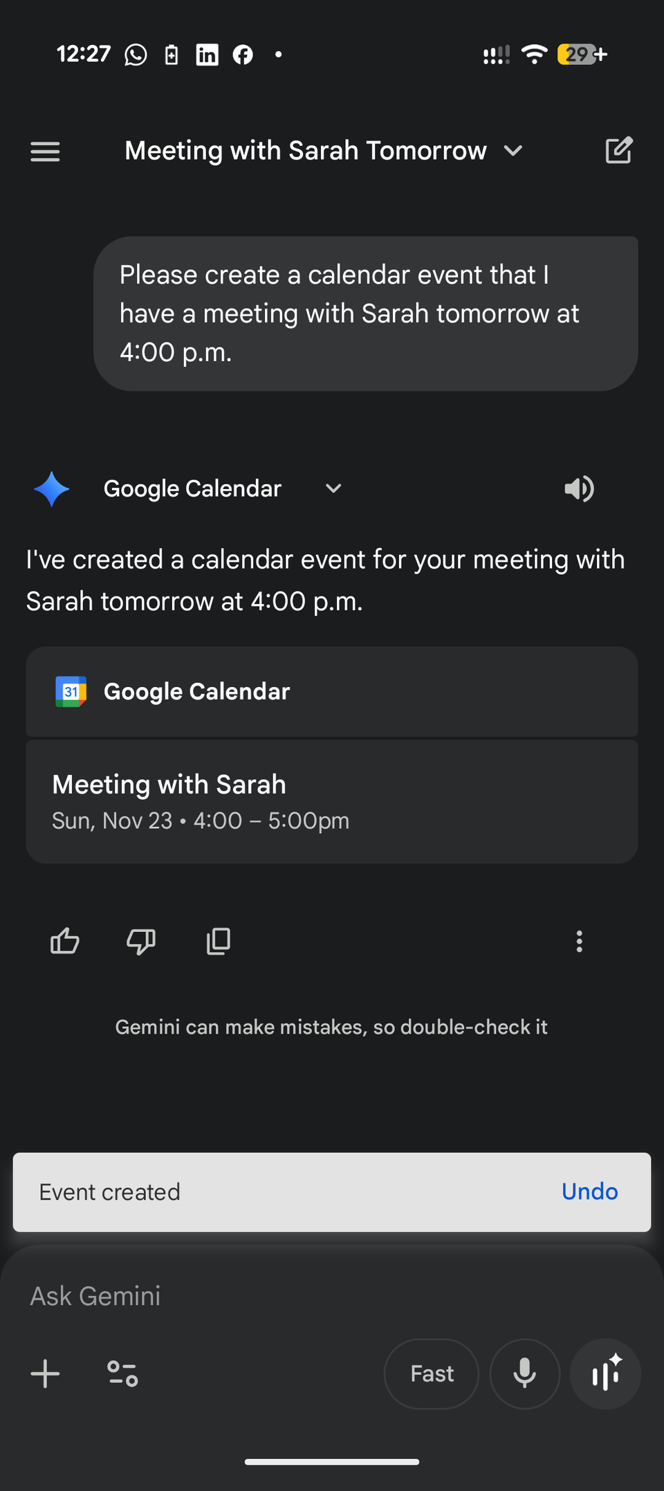 Creating a calendar event on Android with Gemini.