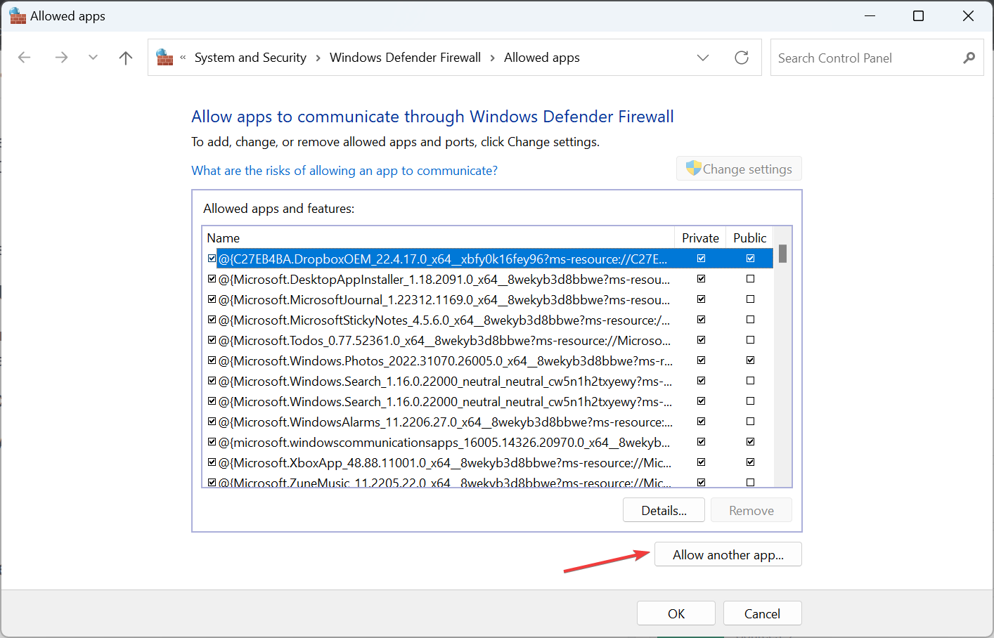 Диалог: кнопка 'Разрешить другое приложение' в брандмауэре