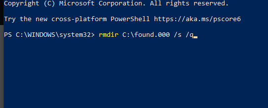 rmdir 명령어를 사용해 found.000 폴더를 삭제하는 PowerShell 창 스크린샷