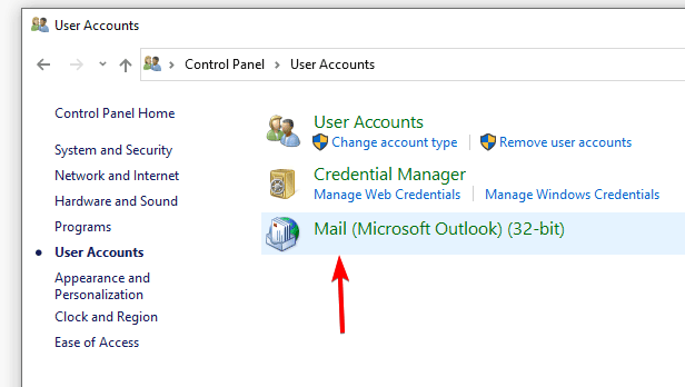 Апплет «Почта» в Панели управления