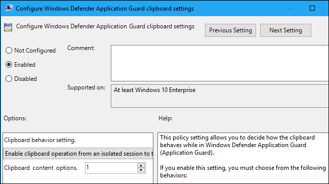 Параметры буфера обмена для Application Guard