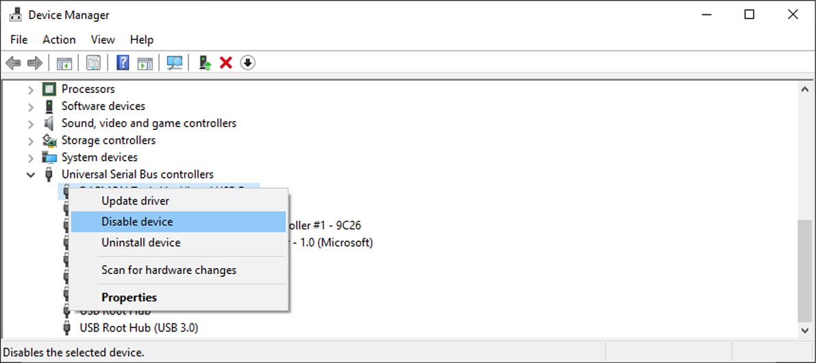 Меню Диспетчера устройств с контекстным меню отключения устройства
