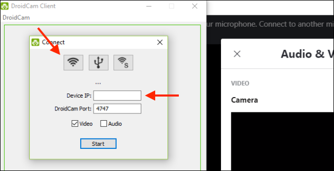 Экран клиента DroidCam на Windows с выбором Wi‑Fi