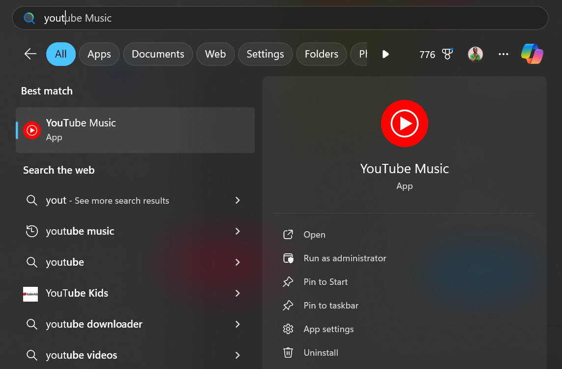 YouTube Music в меню «Пуск» Windows