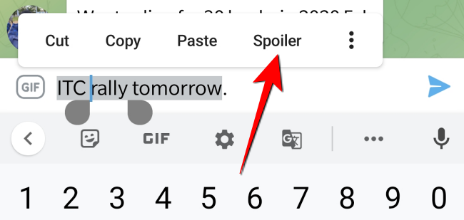 Выбор Спойлера в параметрах форматирования Telegram на Android.