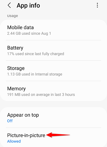 Параметры картинка-в-картинке для приложения YouTube.