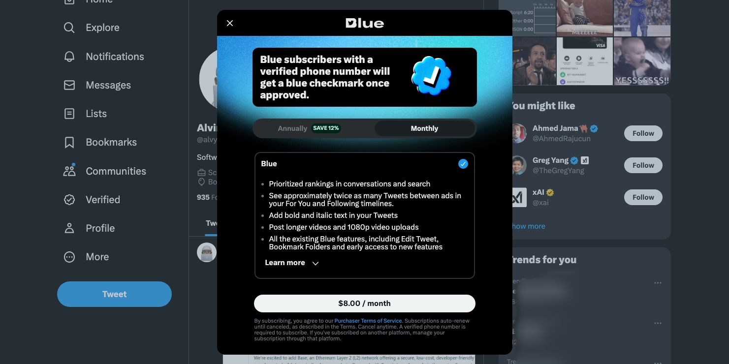 Варианты подписки Twitter Blue на вебе
