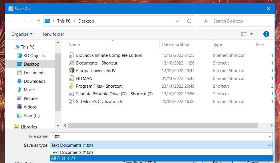 Опция All files при сохранении в Блокноте
