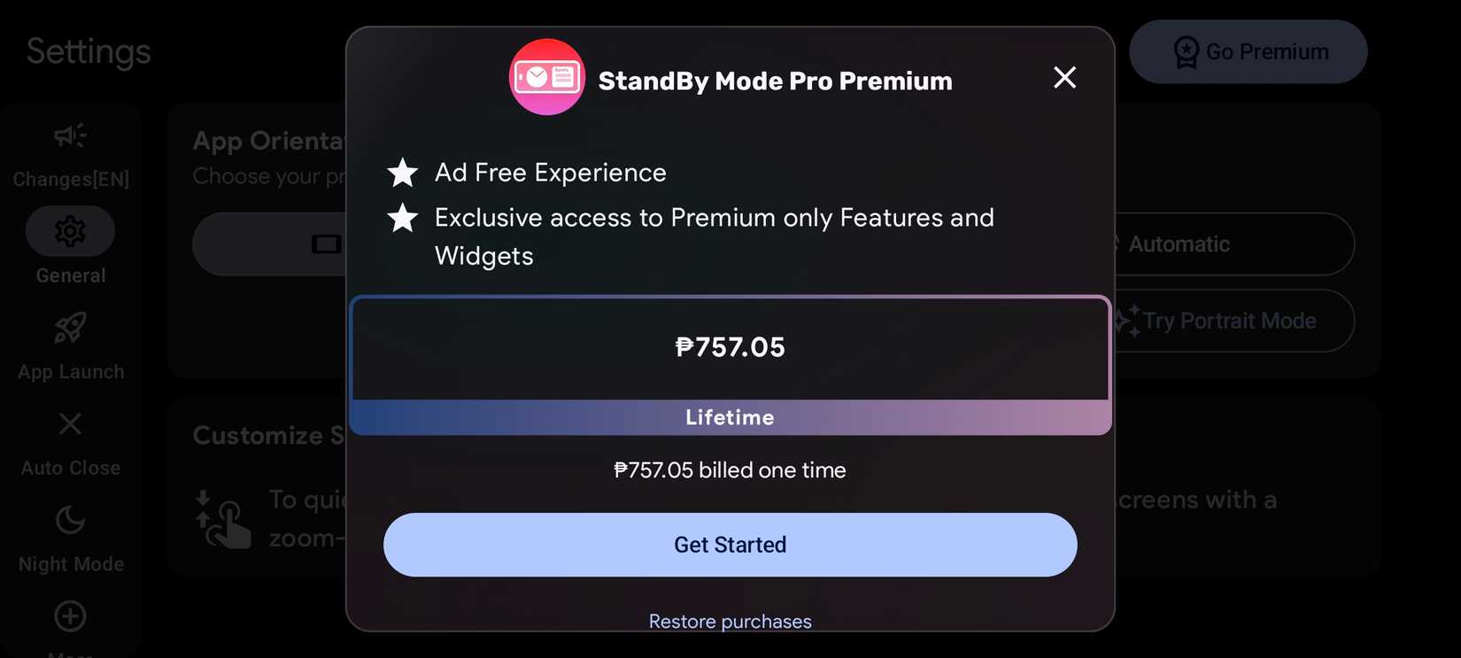 Экран покупки «Навсегда» в StandBy Mode Pro