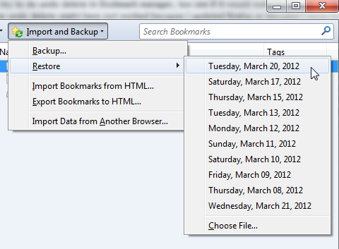 Интерфейс выбора резервной копии в Firefox