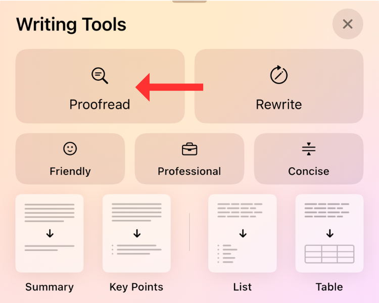 Скриншот меню Writing Tools на iOS 18.1 с указателем на опцию Proofread.
