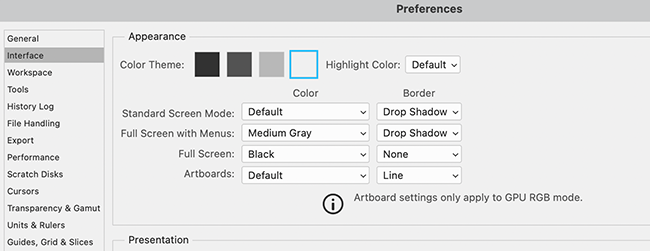 Окно настроек Photoshop с применённой светлой темой