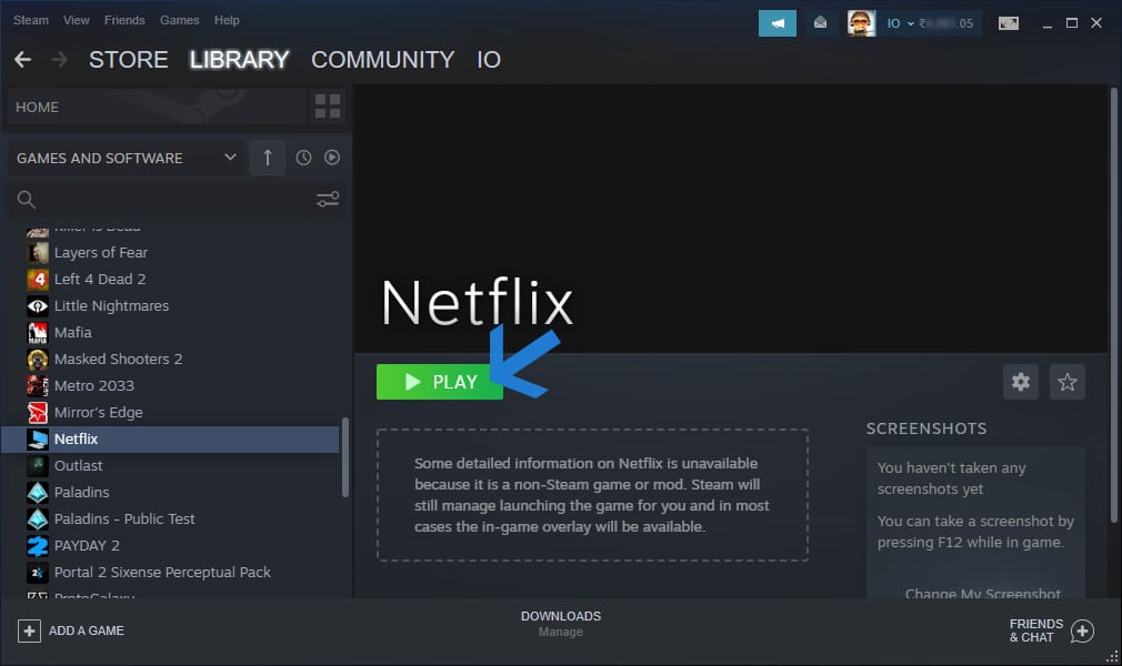Запуск Netflix из библиотеки Steam